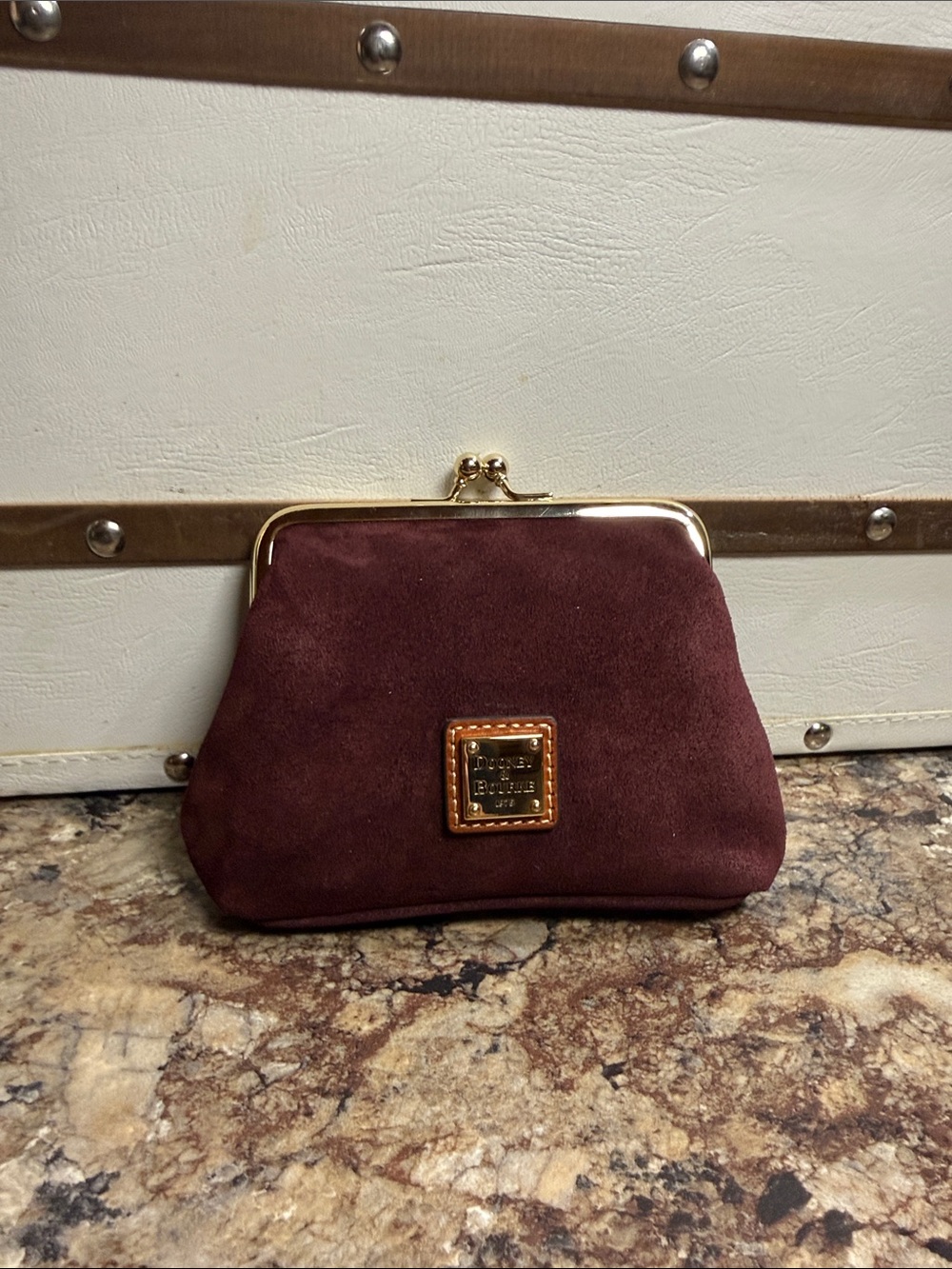 Dooney & Bourke Burgundy Suede Kiss-Lock Clutch with Gold Hardware